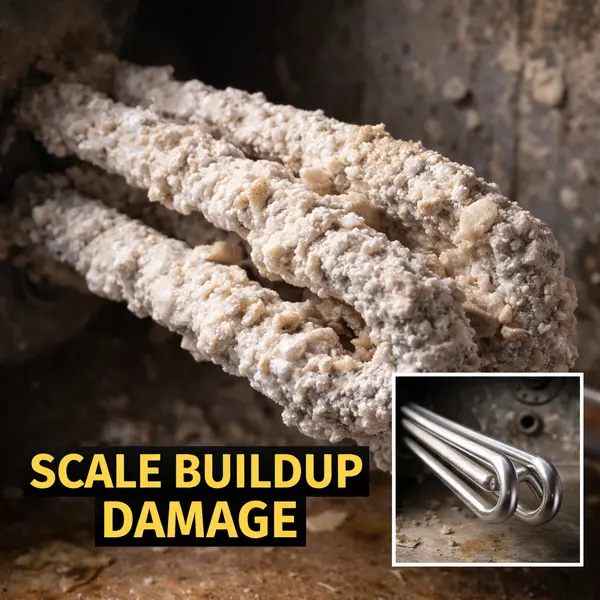 rv water heater element covered in thick mineral scale deposits from hard water showing expensive damage