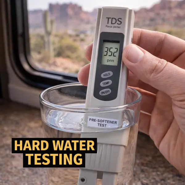 digital tds meter showing 352 ppm reading testing arizona hard water before softener treatment