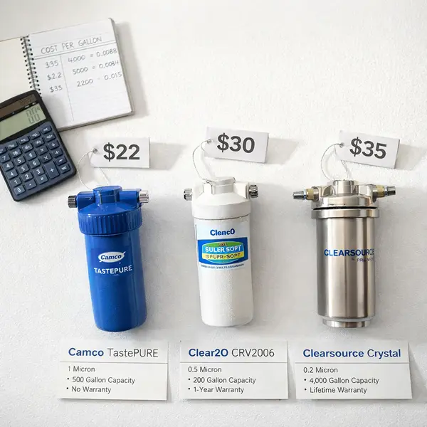 price comparison of camco clear2o clearsource rv water filters showing cost differences and specifications