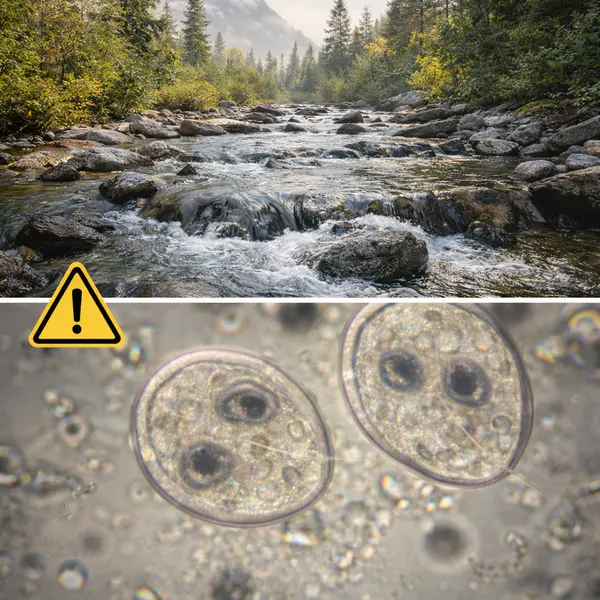 split image showing beautiful clear mountain stream versus microscope view of giardia parasites present
