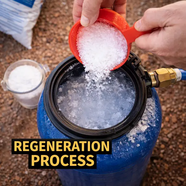 portable water softener regeneration process showing salt dissolving in tank creating brine solution 