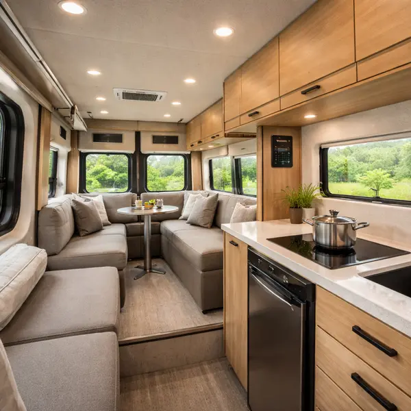 Spacious Winnebago eRV2 electric RV interior showing modern kitchen with induction cooktop and comfortable living area with premium finishes and natural lighting