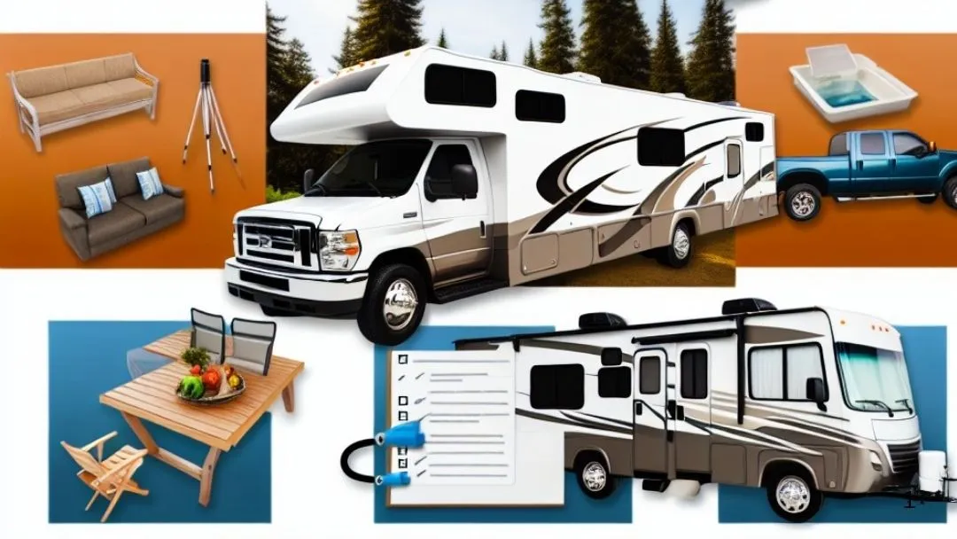RV motorhome setup with outdoor table, chairs, sofa, bed, sink, pickup truck, and camping checklist essentials.
