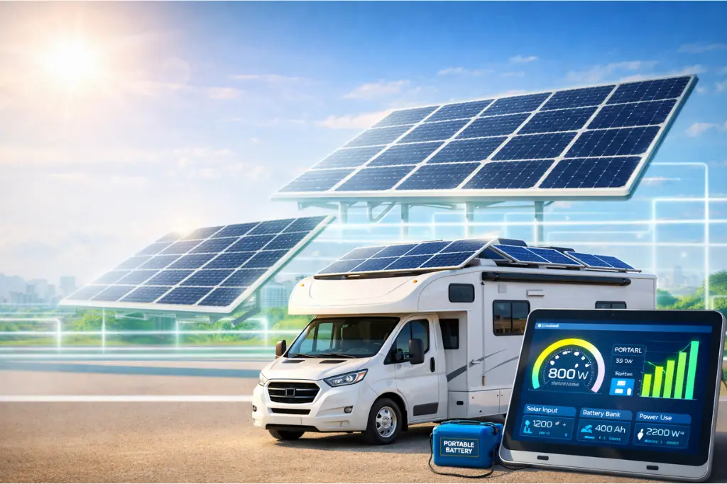 Solar energy concept illustration with bright sun and power growth chart for calculating RV solar power needs