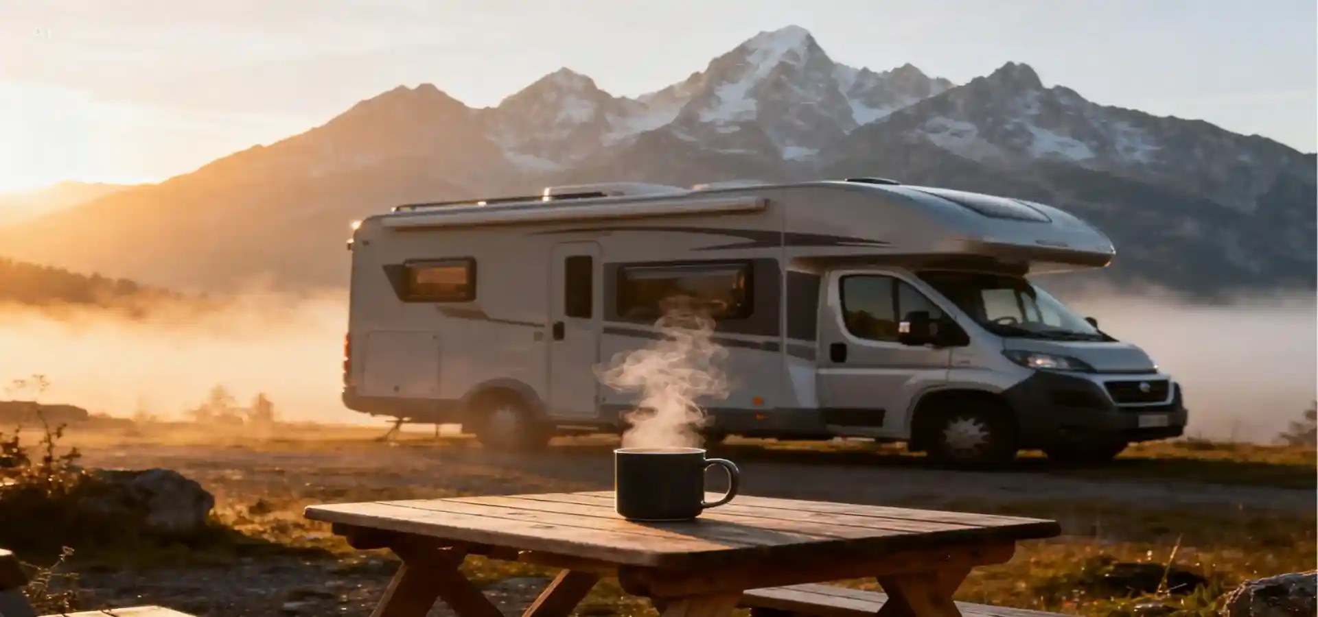 Motorhome parked at a mountain campsite at sunrise with a steaming coffee mug on a wooden picnic table in the foreground.