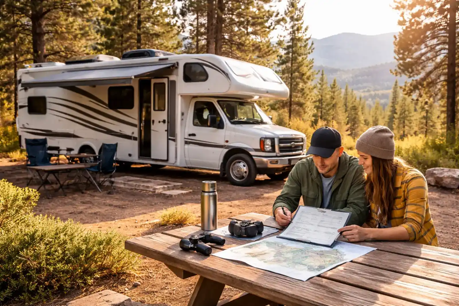 Couple at a campsite planning an RV trip with a checklist at a picnic table, Class C motorhome in the background, pine forest and mountains at golden hour.