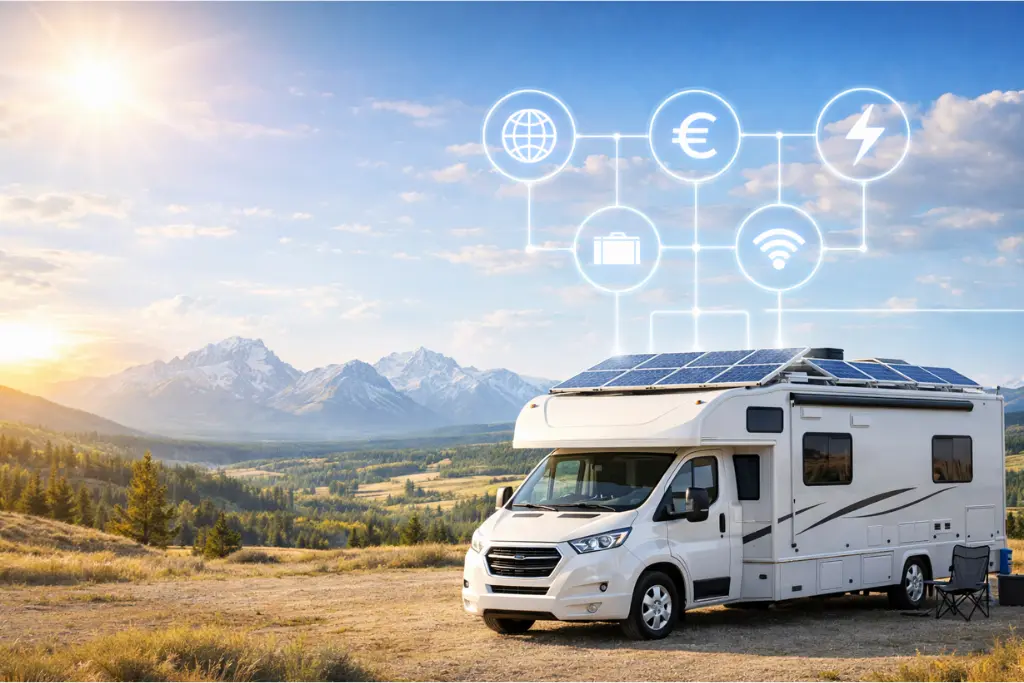 RV with solar panels in a bright outdoor landscape, illustrating the benefits of solar power for RV travel