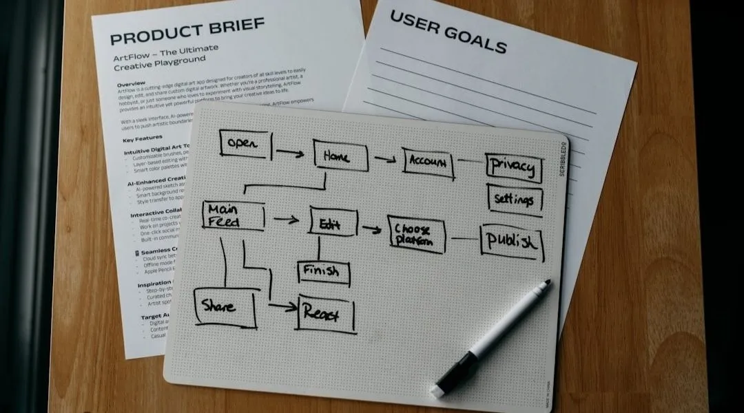 Product design planning papers with a hand-drawn app user flow diagram on a desk next to a pen.