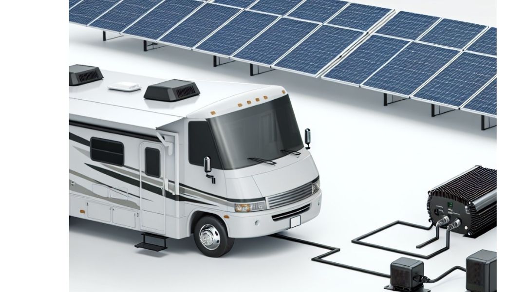 RV motorhome connected to solar panels, inverter, and batteries for an off-grid solar power system.
