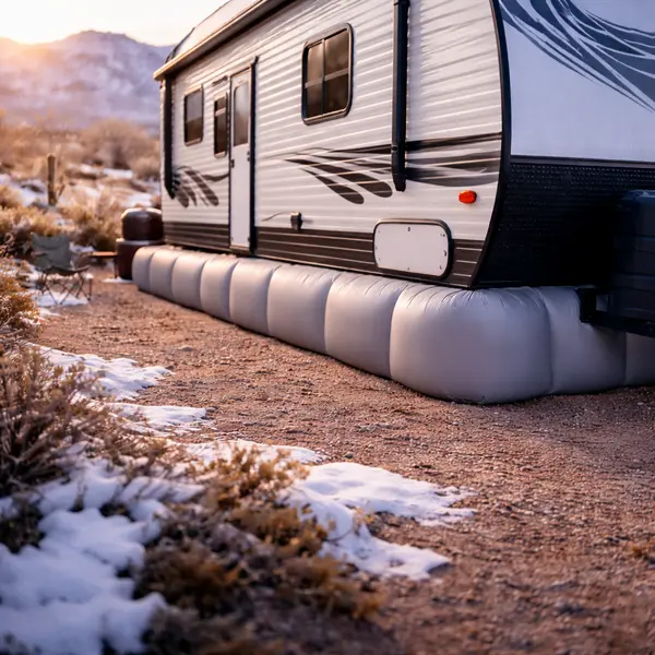 airskirt inflatable vinyl skirting fully deployed around rv base in winter desert landscape during late afternoon golden hour light