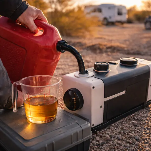 person pumping diesel from red jerry can into small diesel heater fuel tank with measuring cup showing 0.5 gallon daily consumption at outdoor campsite
