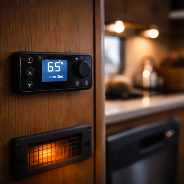 chinese diesel heater controller mounted on rv interior wall showing 65 degree temperature setpoint with warm amber glow indicating heater operation in winter