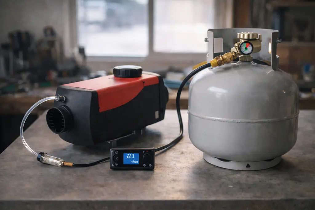 chinese diesel heater unit with fuel line and controller beside propane tank with pressure regulator on workbench showing winter rv heating system comparison