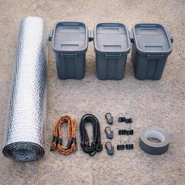 flat lay of DIY rv skirting materials including reflectix roll, plastic storage bins, bungee cords, binder clips, and duct tape on concrete in natural daylight