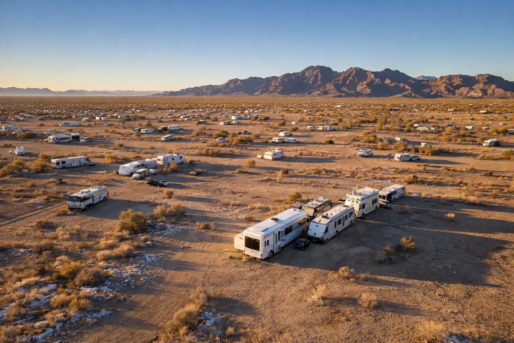 wide view of quartzsite arizona LTVA camping area with dozens of rvs spread across desert landscape and mountains in background during clear winter morning