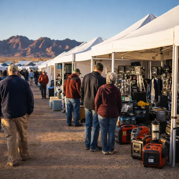outdoor rv show vendor area with white canopy tents and accessories displayed against desert mountains and clear blue sky during january quartzsite event
