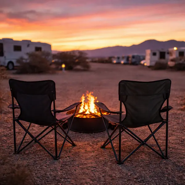 two camp chairs facing desert sunset at quartzsite rv campsite with orange and purple sky, neighboring rvs softly visible in background at dusk