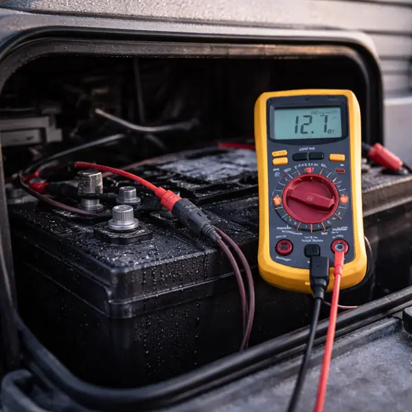multimeter probes on rv battery terminals showing 12.1 volt reading in open battery compartment with cold morning light and slight condensation on battery case