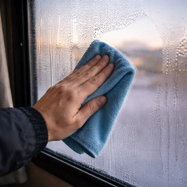 microfiber cloth wiping heavy condensation from rv window interior surface with water droplets running down glass in cold winter morning light