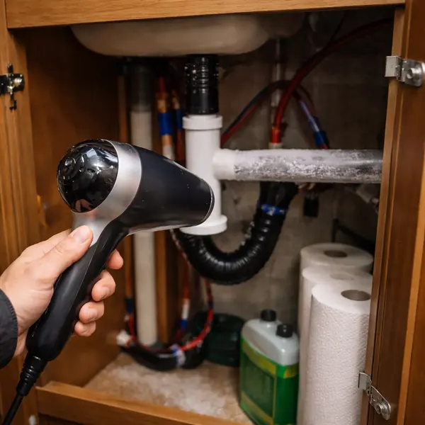 hair dryer held close to frost-covered rv water pipe under open sink cabinet during winter thawing process, person's hand and hair dryer visible
