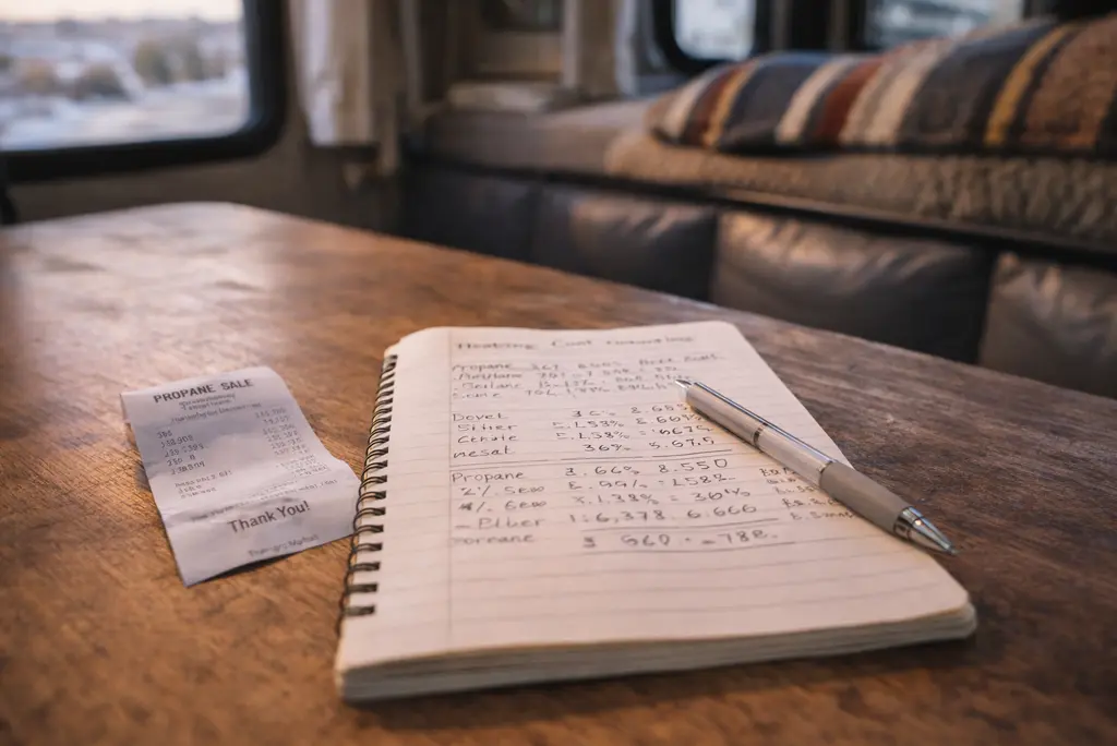 notebook with handwritten rv heating cost calculations and fuel price figures on wooden table in rv interior with natural window light and mechanical pencil