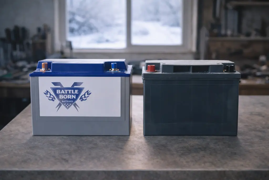 battle born lithium battery beside agm battery on workbench with frost-covered outdoor scene visible through workshop window showing cold weather battery comparison