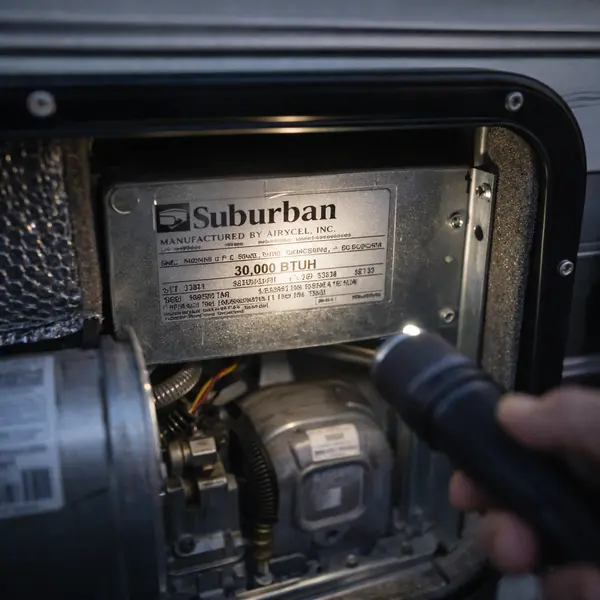 rv furnace access panel open showing suburban brand furnace nameplate with BTU rating in tight compartment illuminated by utility flashlight