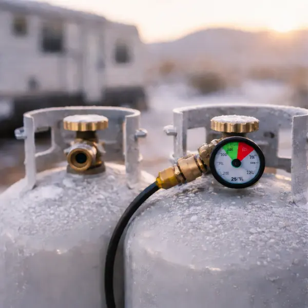 two propane tanks with gauge showing 25 percent remaining on rv exterior in desert morning light with frost visible on tank surface in winter