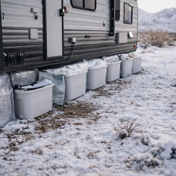 rv skirting panels and reflectix insulation installed around base of travel trailer in snowy desert landscape during winter boondocking setup