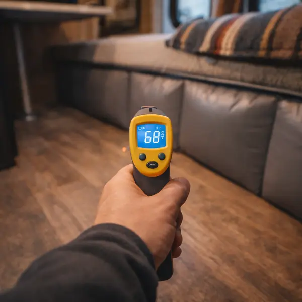 person holding infrared thermometer pointed at rv floor surface showing 68 degree reading near skirting edge during winter boondocking temperature verification test