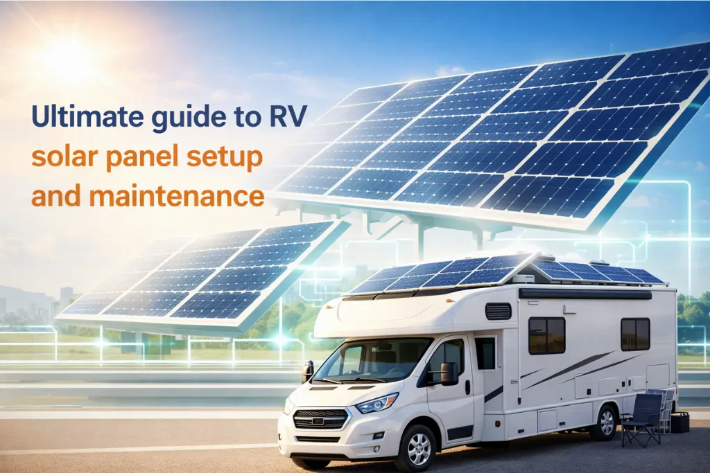 White RV with rooftop solar panels parked outdoors under a sunny sky, illustrating RV solar setup and maintenance