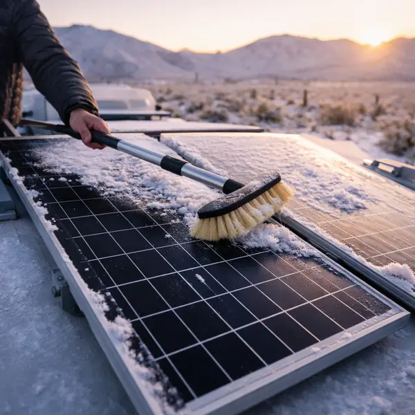 person using soft bristle brush to clear thin layer of snow from rv roof solar panels in desert landscape during early morning golden hour light in winter