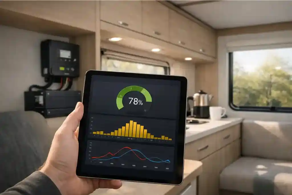 Tablet displaying an RV solar monitoring dashboard showing battery state of charge and solar production.