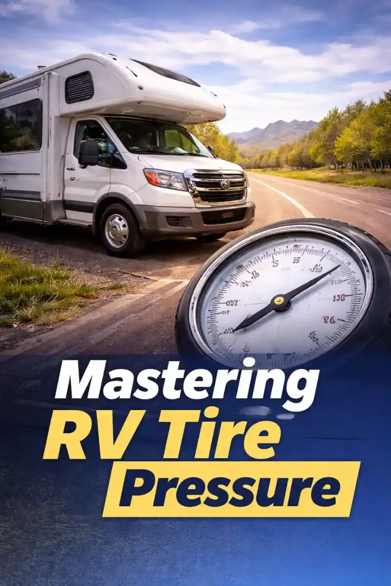 RV tire pressure gauge showing PSI on a motorhome road trip