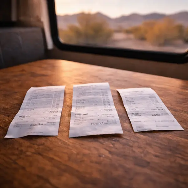 three fuel receipts arranged chronologically on wooden surface showing decreasing amounts from left to right with desert view rv window in background