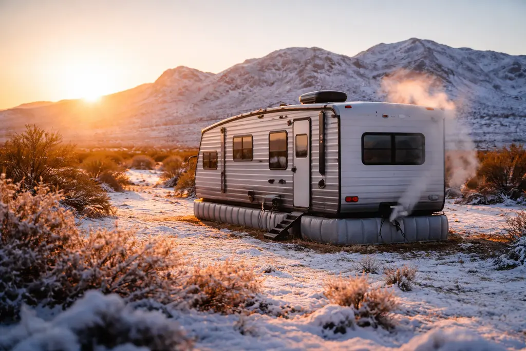 travel trailer with rv skirting and diesel heater exhaust steam parked in snowy arizona desert at sunrise with mountains in background