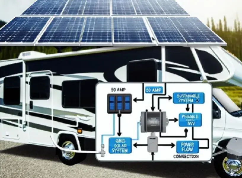 Diagram showing a solar power system installed on a recreational vehicle with labeled components and energy flow paths.