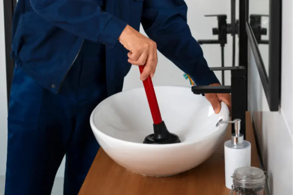 Person plunging a white bathroom sink with a red-handled plunger on a wooden countertop.