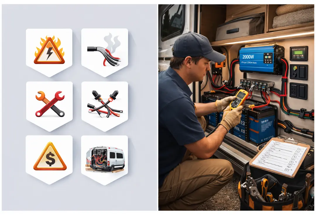 Modern split visual showing common RV electrical mistake icons on one side and a realistic technician inspecting an organized RV power system with a multimeter on the other side