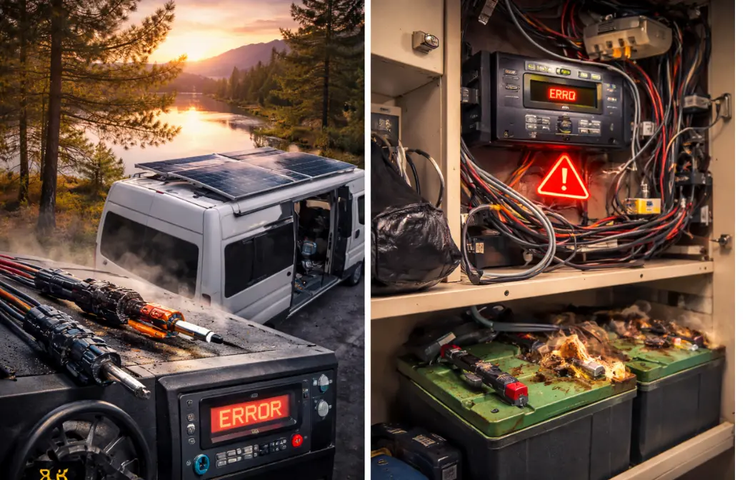 Camper van with rooftop solar panels near a lake and visible solar installation issues in an off-grid RV setup