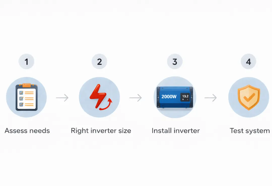 Minimal editorial-style four-step workflow graphic showing the process of assessing needs, choosing the right inverter size, installing the inverter, and testing the system.
