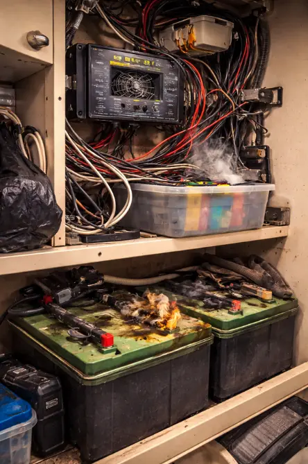 Disorganized RV electrical cabinet with tangled wires and overheating batteries showing unsafe solar power system installation in a camper van