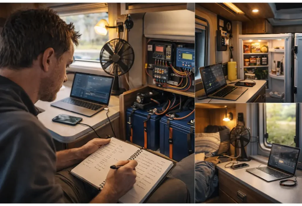 Visual representation of mobile energy use, storage, and recharge inside a van or RV