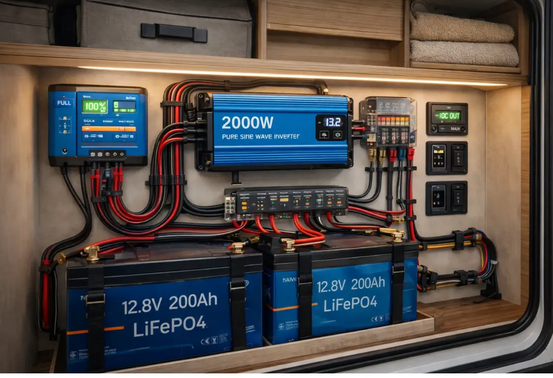 Realistic interior RV power setup showing an inverter installed near the battery compartment with tidy cables and an organized electrical layout