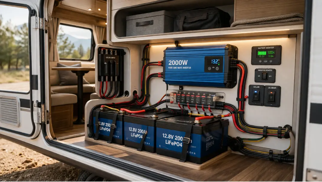 Realistic interior RV power setup showing an inverter installed near the battery compartment with tidy cables and an organized electrical layout