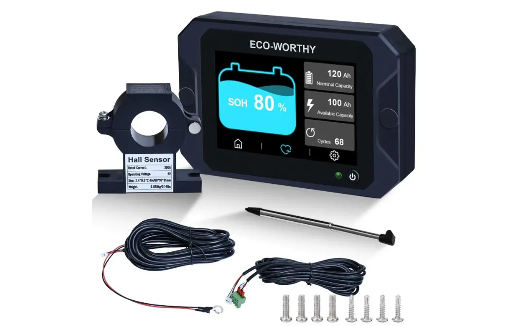 RV battery usage and monitoring display RV battery monitor showing state of charge and energy usage in a van life setup