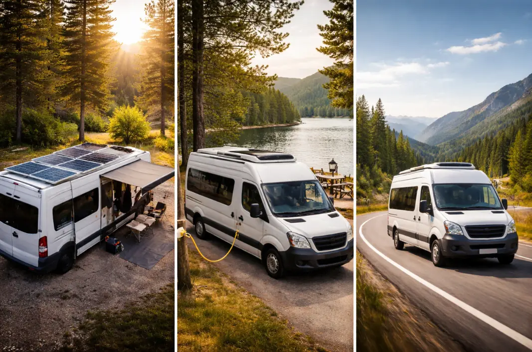 Three-panel visual showing an RV under sunlight with roof solar panels, an RV plugged into shore power by a lake, and an RV driving on an open mountain road in the same realistic premium style