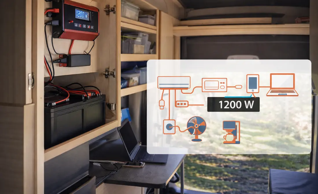 camper van electrical system with inverter battery wiring and laptop setup inside van cabinet