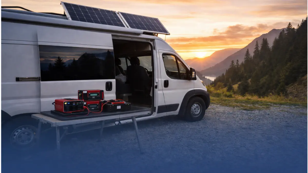 Campervan with solar panels and inverter setup in a mountain landscape at sunset, off-grid RV power system