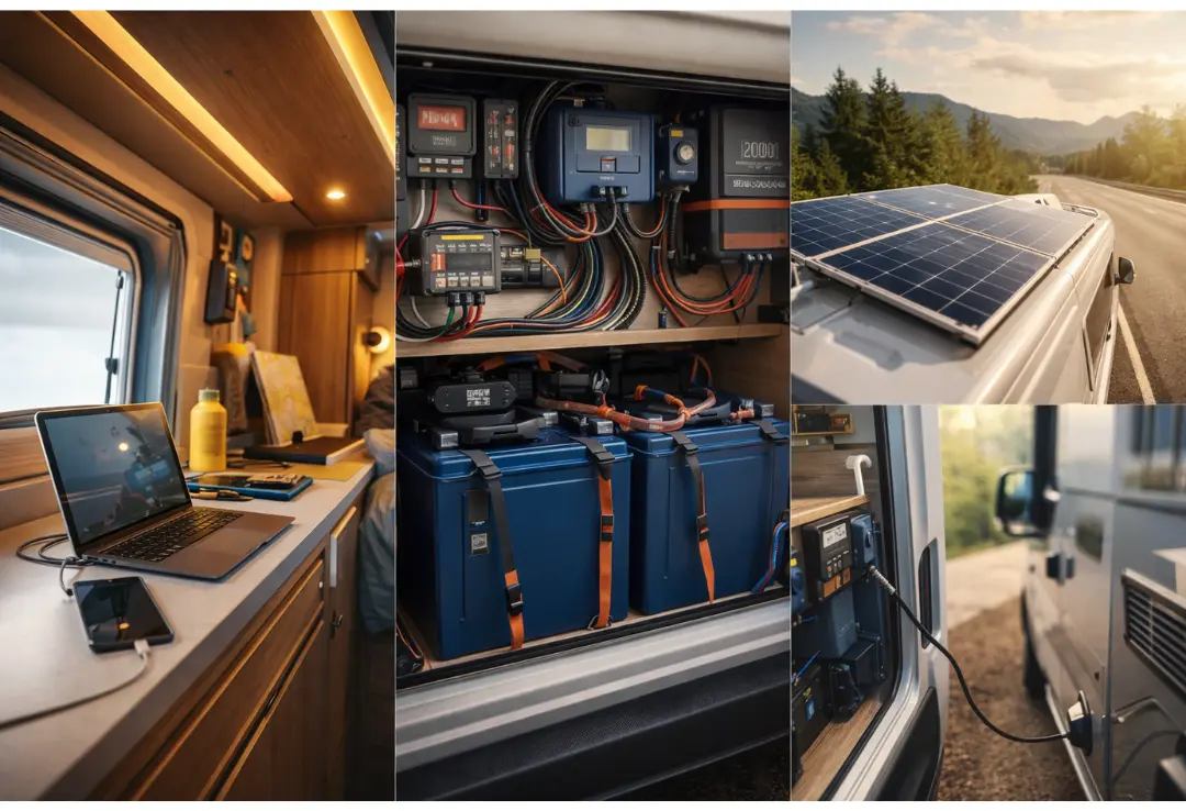 Camper van with roof solar panels parked in a natural off-grid landscape, illustrating mobile energy for vans and RVs